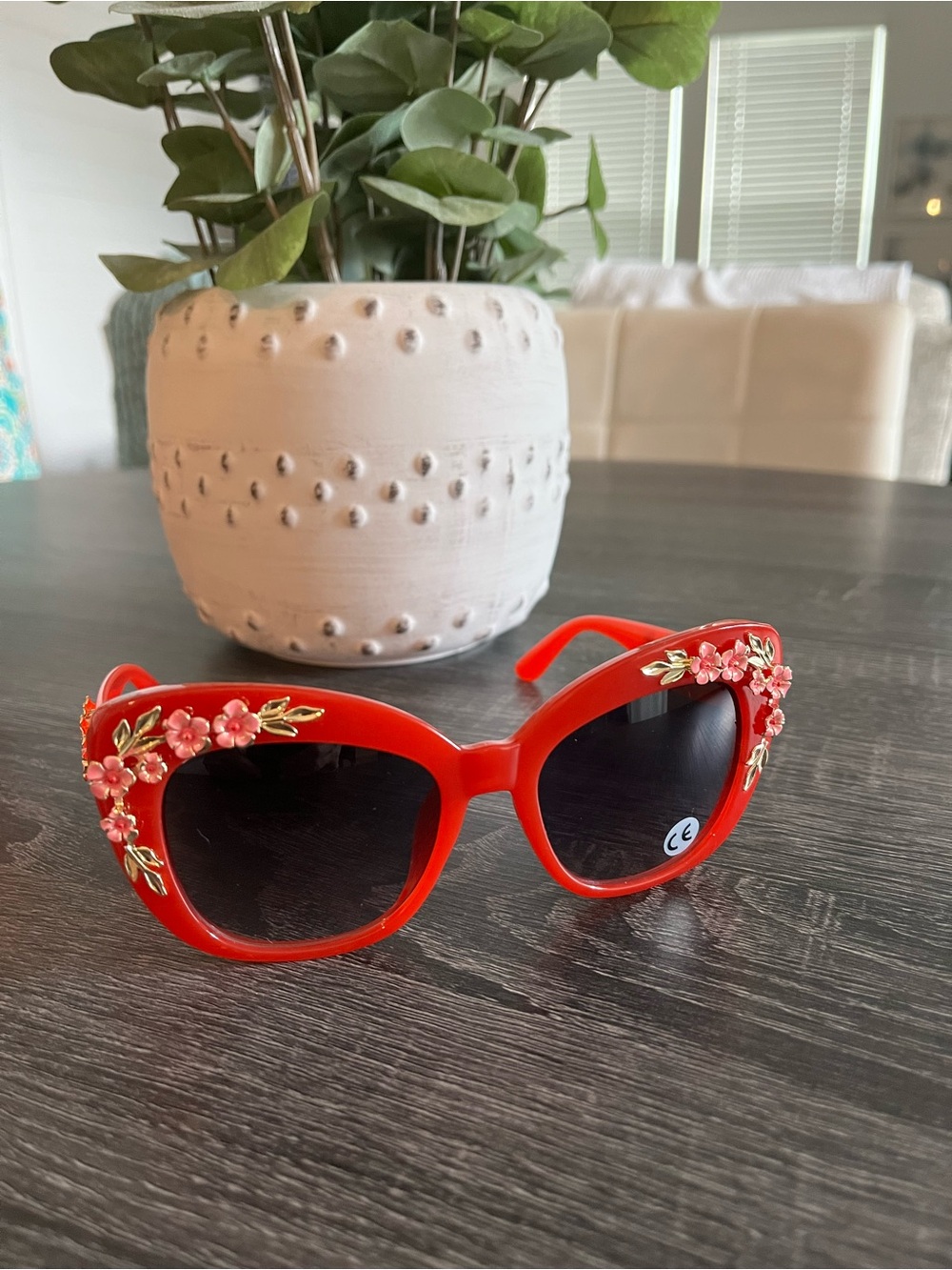 Red Cat Eye Sunglasses w/Floral accent